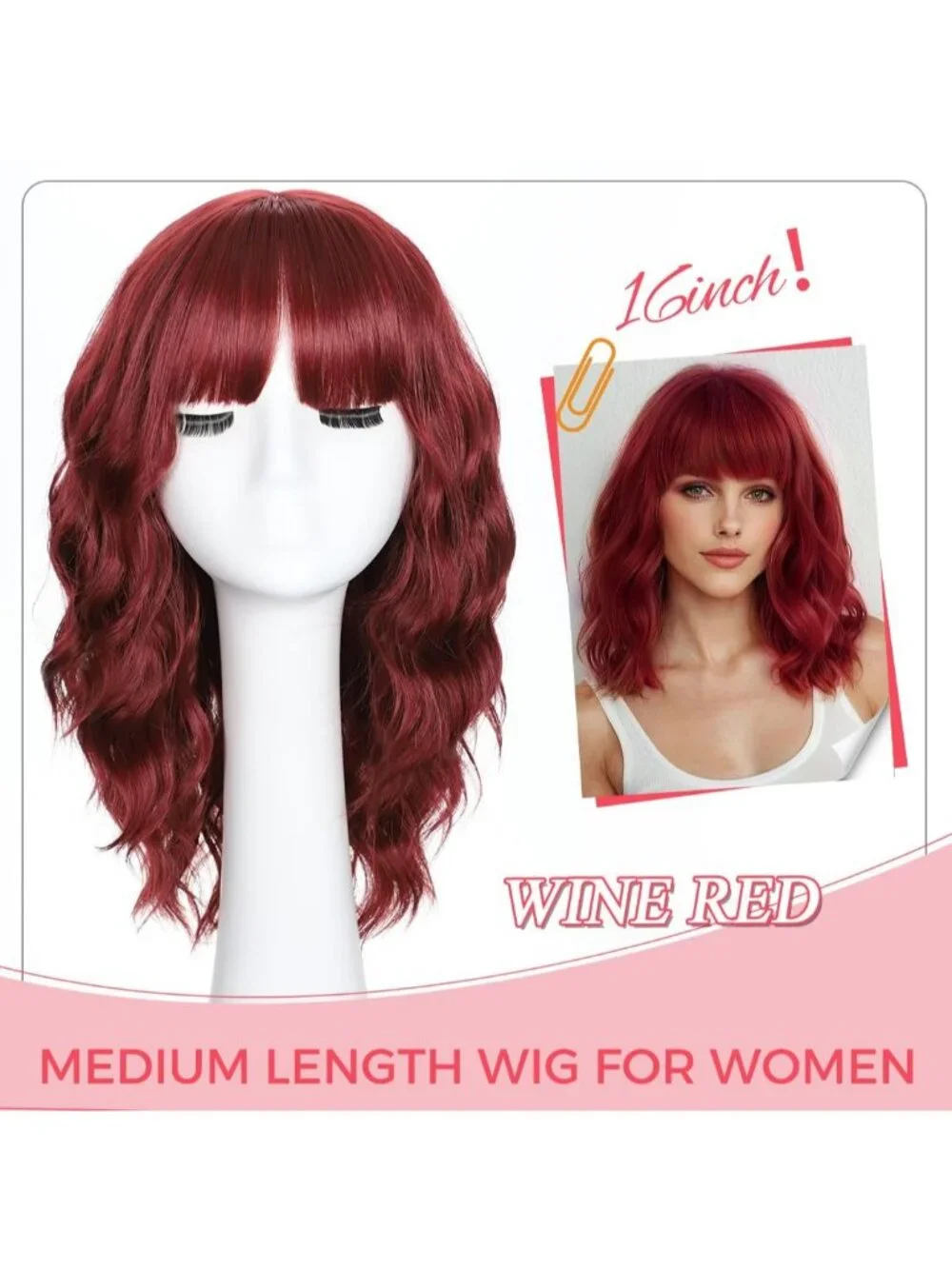 Women's Wine Red 16 Inch Wavy Wig Bangs Shoulder Length Synthetic Hair